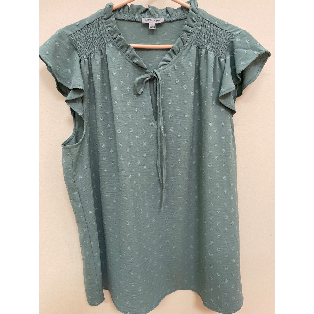 Floral & Ivy Sage Green Swiss Dot Flutter Sleeve Blouse Smocked Ruffle Neck L